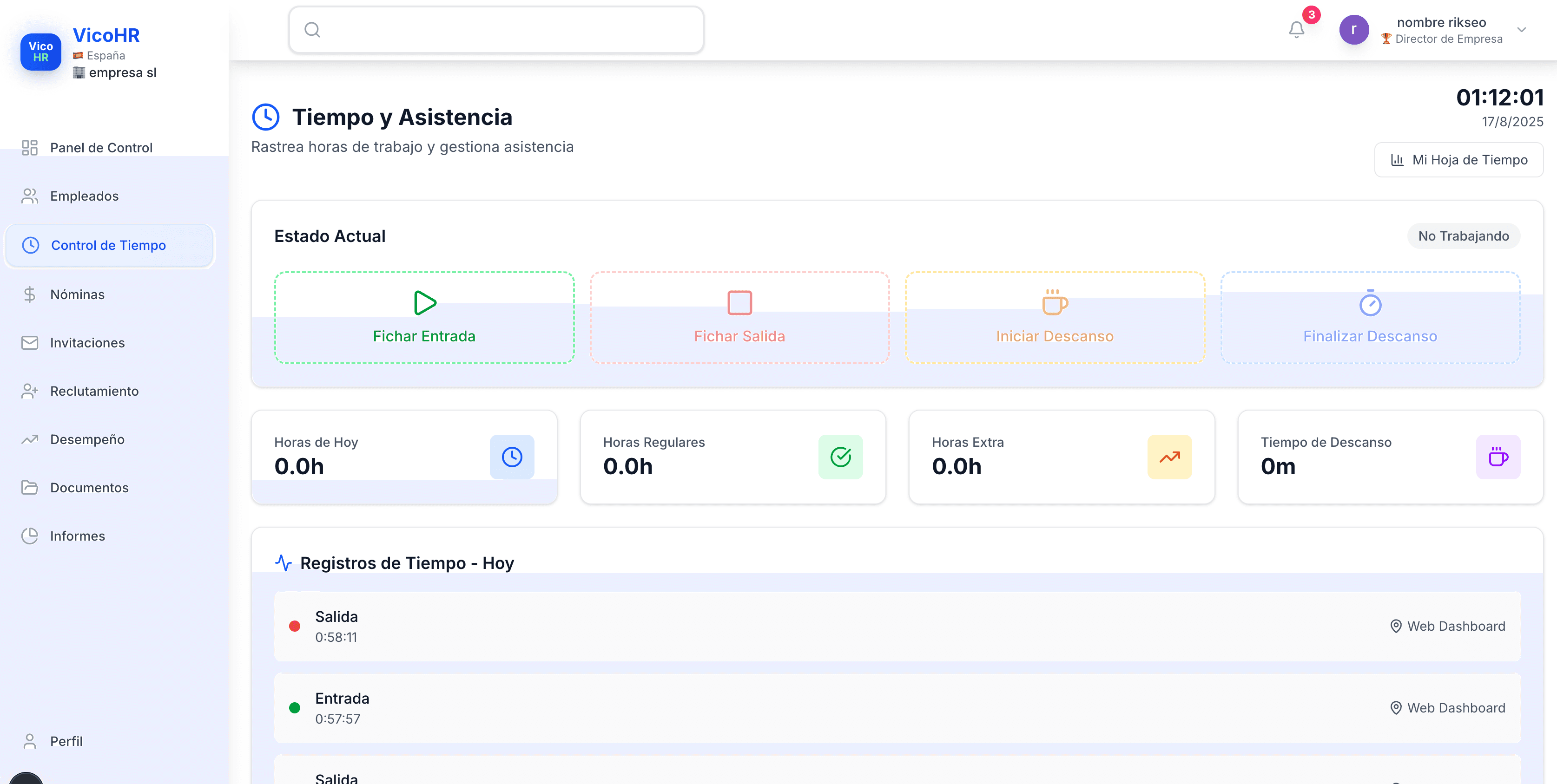 Dashboard Control de Tiempo VicoHR Chile - Fichaje Online
