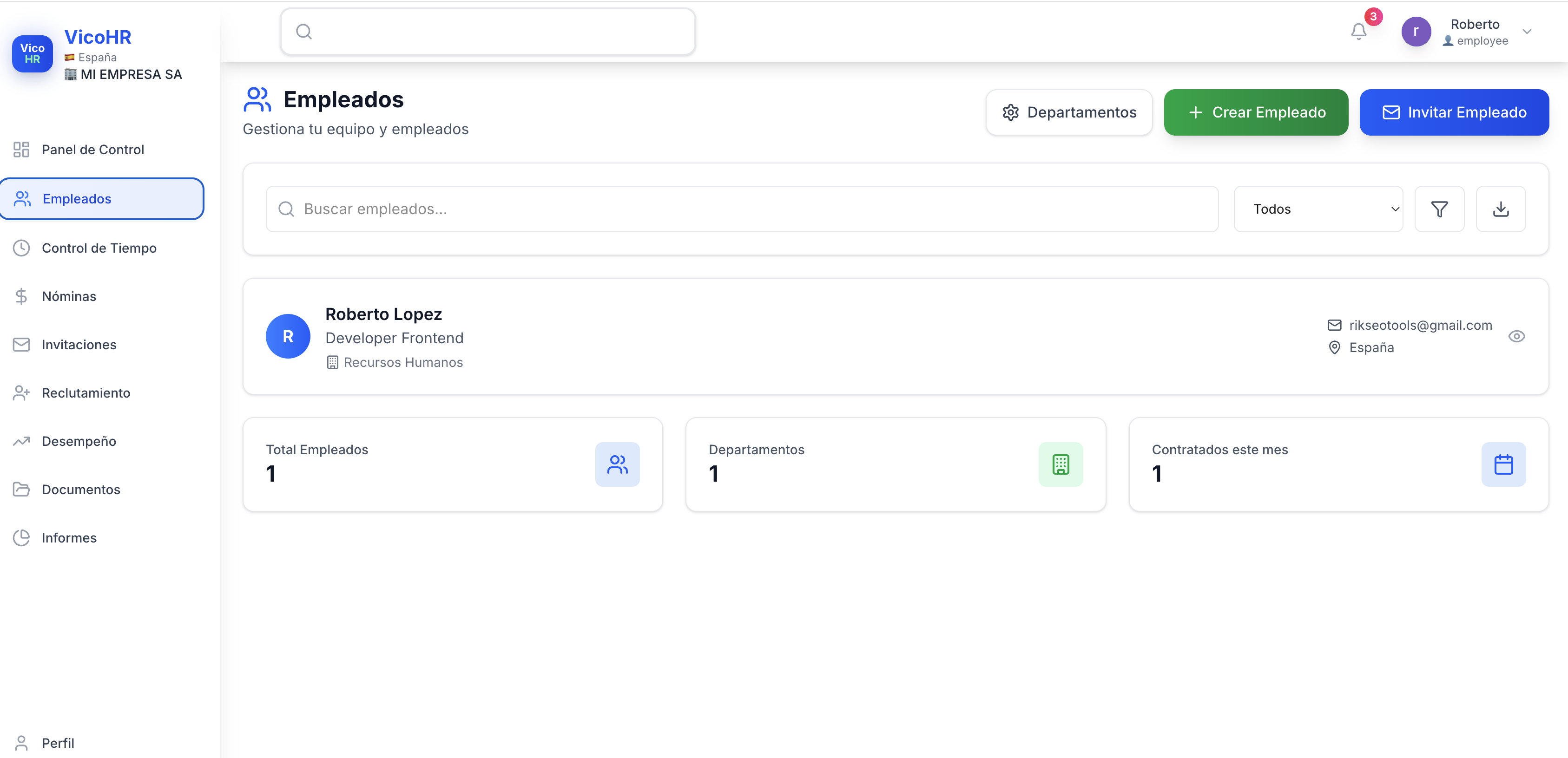 Dashboard principal de empleados